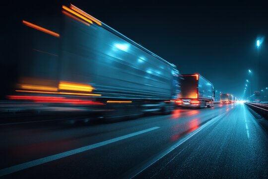 Nighttime highway photo featuring trucks with motion blur and light trails