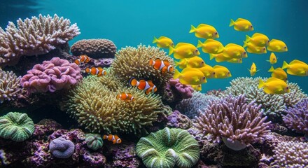 Colorful coral reef scene with clownfish and yellow fish swimming