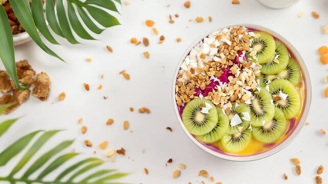 Top Down View of Healthy Smoothie Bowl with Kiwi, Granola and Fruit on White Table
