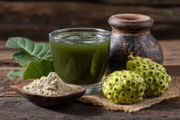Noni fruit juice and powder on wood Healthy fruit and herb