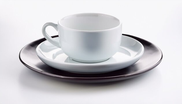 White teacup and saucer on dark plate