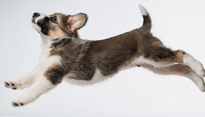 Obraz premium Brown and white puppy in mid-leap