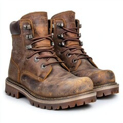 Worn Brown Leather Boots with Metal Accents on White Background