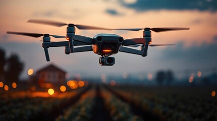 Drone flies over farmland at twilight