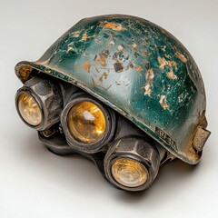 Worn Dark Green Mining Helmet with Three Lights on White Background