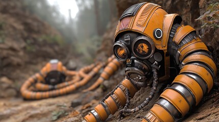 Worn Orange Robot in Foggy Forest