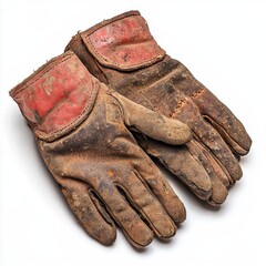 Worn Pair of Leather Work Gloves in Brown and Red Tones on White Surface