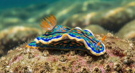 Colorful nudibranch sea slug resting on ocean floor, close up