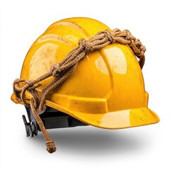 Worn Yellow Hard Hat with Knotted Rope on White Background