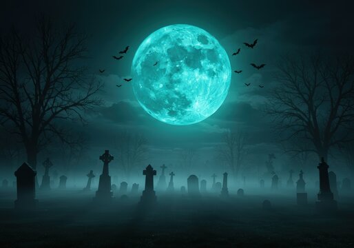 A glowing full moon illuminates a graveyard filled with fog and bats on Halloween night.