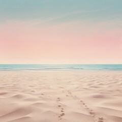Footprints lead to the ocean on a sandy beach beneath a pink sky