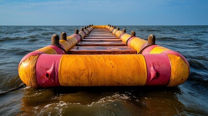 Yellow and Pink Pontoon Walkway on a Wavy Sea Under a Bright Sky