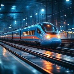Fototapeta premium Modern high-speed train at a station at night.