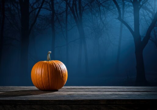 A lone pumpkin in a misty forest sets a spooky Halloween scene on a wooden table.