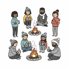 Friends gathering around campfire with warm drinks