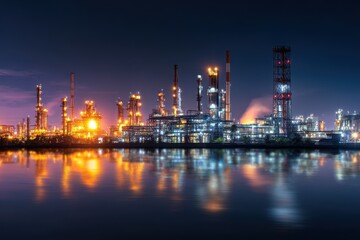 Naklejka premium Oil refinery facility with crude storage and gasoline production at night