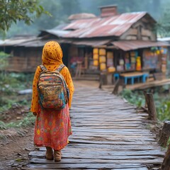 Young person walking on a wooden walkway in a village.