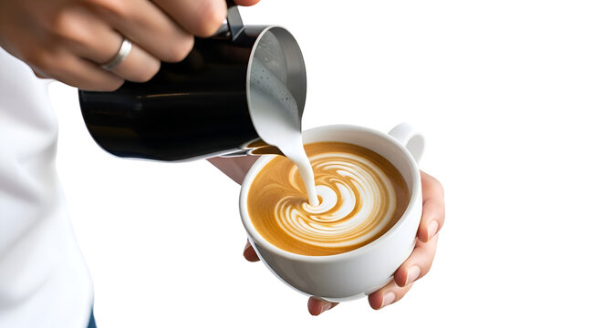 Person Pours Milk into Coffee Cup Creating Latte Art on Transparent Background Photo