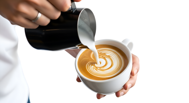 Person Pours Milk into Coffee Cup Creating Latte Art on Transparent Background Photo