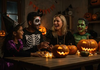 A joyful family celebrates Halloween together with costumes and carved pumpkins at home.