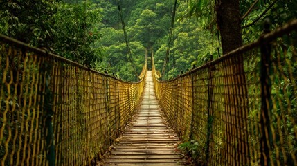 Wooden bridge through lush forest