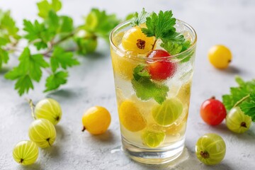 Fototapeta premium Revitalizing summer lemonade cocktail with cherry gooseberry mint and lemon promoting weight loss and detox in a fruity drink against a light backdrop Healthy natural fare