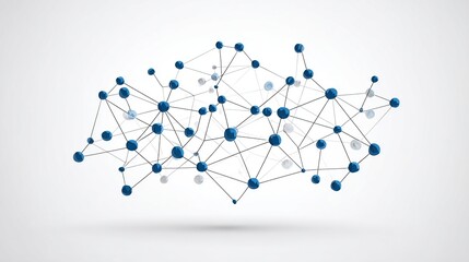 Abstract 3D mesh with blue nodes and light gray lines against a white backdrop
