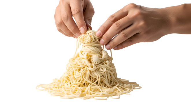 Hands Arrange Cooked Noodles with Dumplings on Transparent Background in Studio Shot