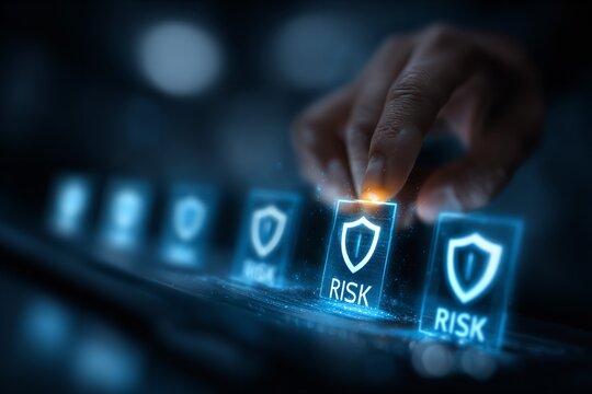 Hand selecting digital risk management icon with glowing shield symbols in a modern technology environment