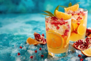 Citrus beverage with orange slices and pomegranate seeds served in glasses Room for text