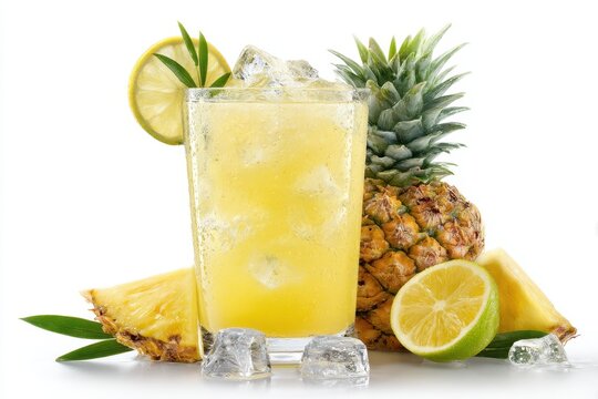 Refreshing pineapple lemonade with sparkling water on white background
