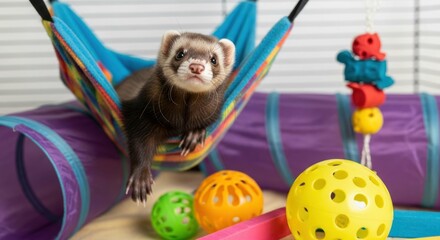 Obraz premium Adorable ferret lounging in hammock with colorful toys around it.