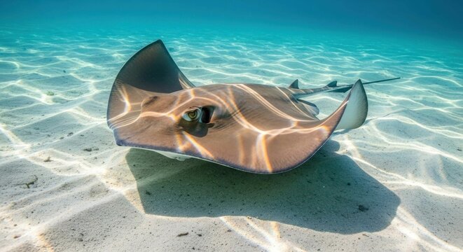 Close-up view of a stingray swimming in clear, turquoise water - Powered by Adobe