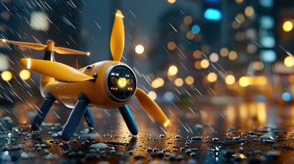Yellow Drone in Rainy City at Night