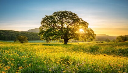 Fototapeta premium enchanting vista of golden blooms under a majestic tree in lush meadow at twilight sunlit atmosphere