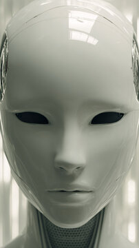 Digital Robot Head Artificial Face Technology White Design Portrait Futuristic Machine Innovation Cybernetic Modern Silicon Expression Eyes Human-Like Model Identity AI Features Minimalism
