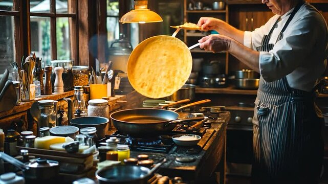Chef flipping a golden crepe in a rustic kitchen