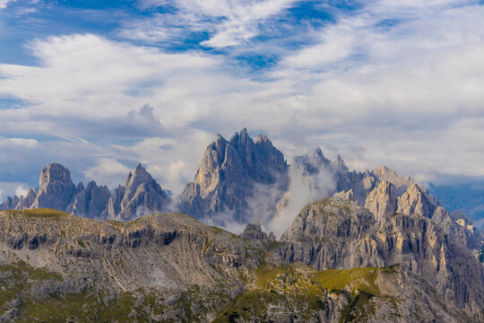 The Dolomites, famous picturesque landscape of Dolomite Mountains, Dolomite Alps or Dolomitic Alps, mountain range in northeastern Italy, South Tyrol region. Cadini di Misurina group