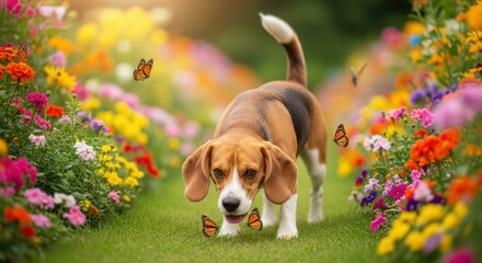 Happy dog amidst colorful flowers and fluttering butterflies outdoors