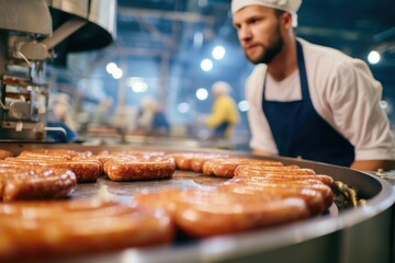 Fototapeta premium Sausage production facility with an indistinct worker behind