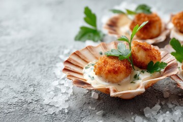 Scallop in creamy butter sauce on a shell against a concrete backdrop