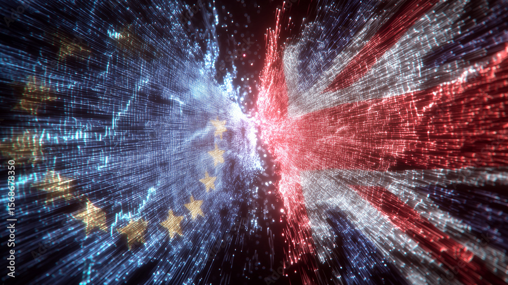 Poster dynamic digital representation of european union and united kingdom flags colliding in burst of spar