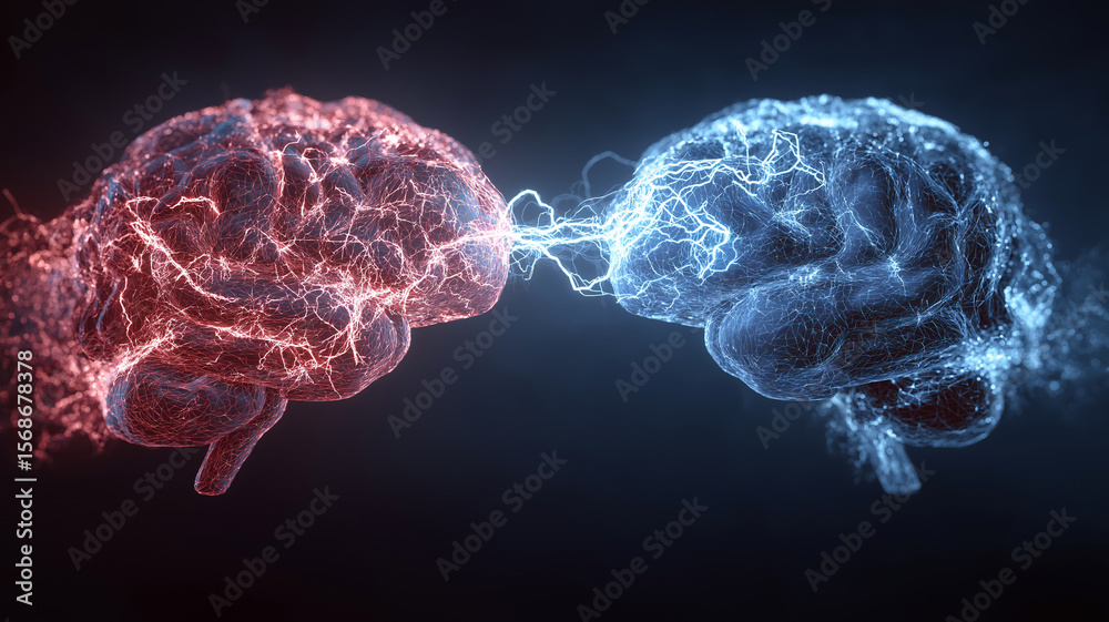 Poster two glowing brains, one red and one blue, face each other with electric sparks connecting them, symb