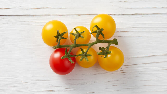 Cluster of vibrant yellow cherry tomatoes and one red tomato on vine rests on white wooden surface, creating fresh and colorful contrast