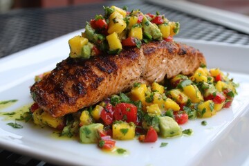Seasoned grilled salmon topped with mango avocado salsa on a white dish