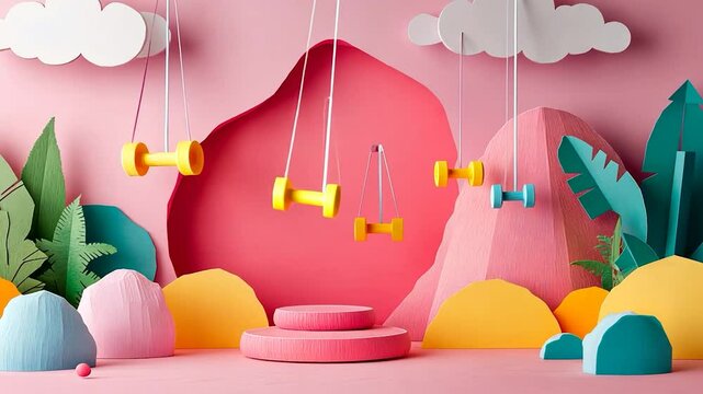 Playful, paper-cut scene with mountains, rocks, and plants;  pastel colors;  fitness themed elements