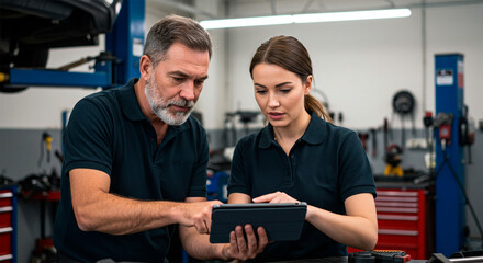 Automotive repair professionals discussing information on tablet in auto repair shop