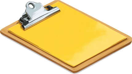 Isometric view of a wooden clipboard with a metal clip holding a sheet of paper.