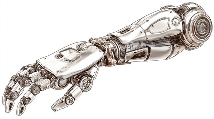 Detailed illustration of a gleaming, metallic prosthetic arm with intricate mechanical details