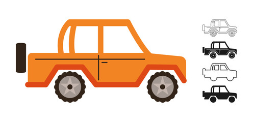 Fototapeta premium Car jeep icon symbol cartoon set. Hand drawn cute automobile suv car in multiple styles colored silhouette outline collection. Simple children funny auto truck transport icon vector illustration